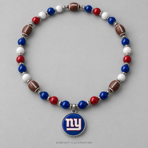 Concept illustration of a New York Giants beaded football necklace in blue, red, and white.